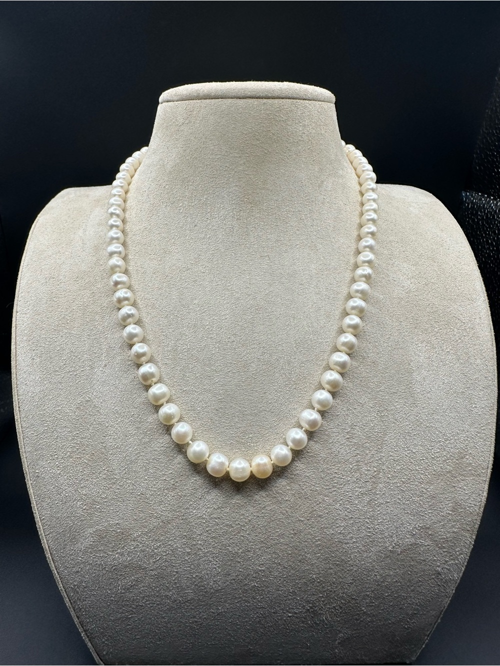 White Cultured Pearl Hand Knotted Necklace Signed 925 JCM 18 inches
